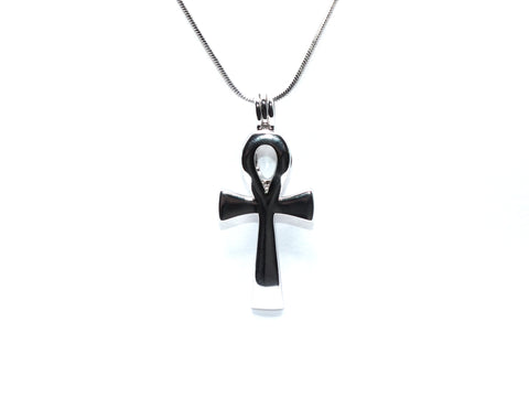 Egyptian Ankh Cross Pendant Pearl Necklace Silver Charm Holds Gem Jewelry AOS