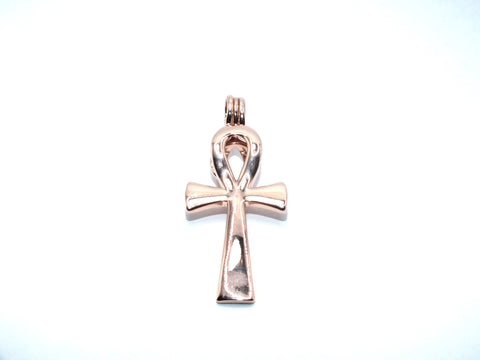 Egyptian Ankh Cross Pendant Pearl Necklace Rose Gold Charm Holds Gem Jewelry AOS
