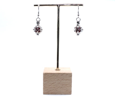 Square Heart Pearl Charm Earrings Red Bead Locket Scrollwork Design Jewelry AOS