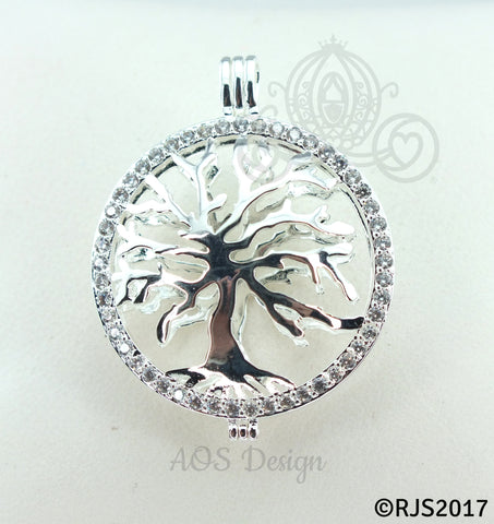 Family Tree Pearl Cage Necklace Bright Silver Plated Locket Crystal Accents Charm Tree of Life Mother