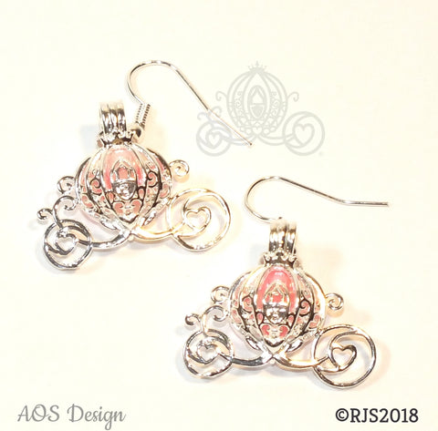 Cinderella Carriage Earrings Pick A Pearl Cage Silver Plated Earrings PINK Bead Pearl Pumpkin Locket Charm