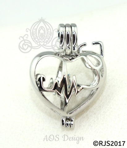 Heartbeat Stethoscope Pearl Cage Necklace Nurse Doctor Medical Professional Silver Plated Locket Charm