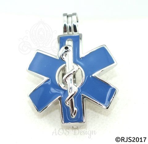 EMS Star of Life Pearl Cage Necklace Emblem Rod of Asclepius Silver Plated Locket Charm