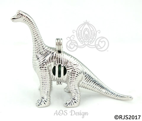 Brontosaurus Dinosaur Pearl Cage Charm Locket Silver Plated Pendant Black Cord LE Dino