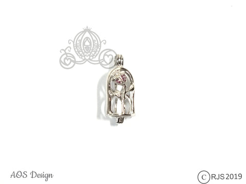 Enchanted Rose Pearl Cage Sterling Silver Locket Crystal Accents Beauty Beast Rose in Bell Jar