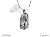 Enchanted Rose Pearl Cage Sterling Silver Locket Crystal Accents Beauty Beast Rose in Bell Jar