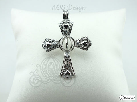 Infinity Cross Pearl Cage Heart Cross Crystal Accents Silver Plated Locket Charm Necklace