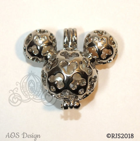 Mickey Mouse Hidden Mickey Necklace Scrollwork Pendant Silver Locket Charm Holds Pearls Beads Gem