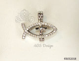 Ichthys Jesus Fish with Cross Pearl Cage Silver Plated Locket Symbol Necklace Crystal Accents