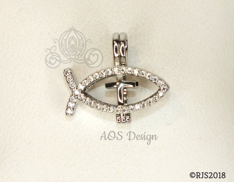 Ichthys Jesus Fish with Cross Pearl Cage Silver Plated Locket Symbol Necklace Crystal Accents