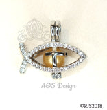 Ichthys Jesus Fish with Cross Pearl Cage Silver Plated Locket Symbol Necklace Crystal Accents