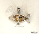 Ichthys Jesus Fish with Cross Pearl Cage Silver Plated Locket Symbol Necklace Crystal Accents