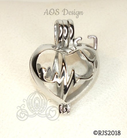 Heartbeat Stethoscope 925 Silver Pearl Cage Necklace Nurse Doctor Medical Professional Locket Charm