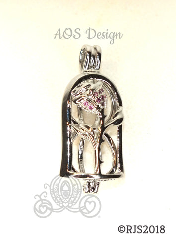 Enchanted Rose Pearl Cage Silver Plated Locket Crystal Accents Beauty Beast Rose in Bell Jar