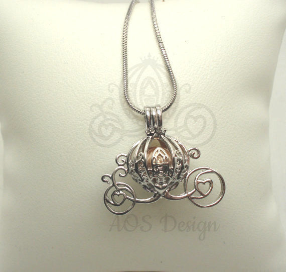Princess Cinderella carriage pearl cage necklace silver tone