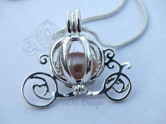 Princess Cinderella carriage pearl cage necklace silver tone
