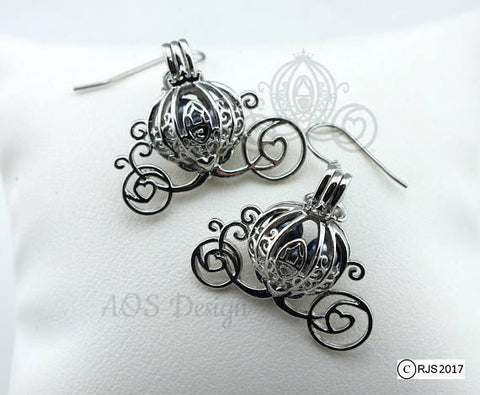 Cinderella Carriage Earrings Pick A Pearl Cage Silver Plated Earrings BLUE Bead Pearl Pumpkin Locket Charm