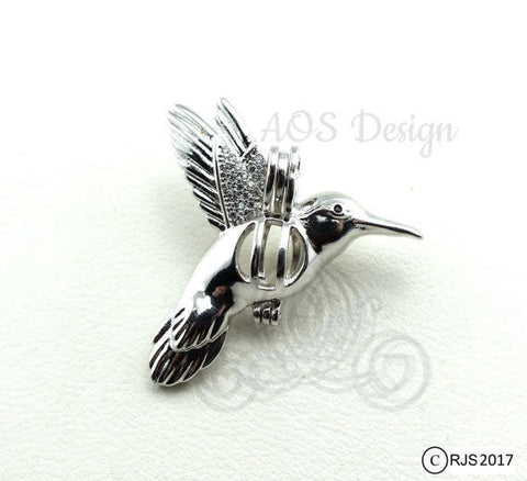 Hummingbird Pearl Cage Necklace Sterling Silver 925 Hummingbird Bird Flying Locket Charm Holds Beads