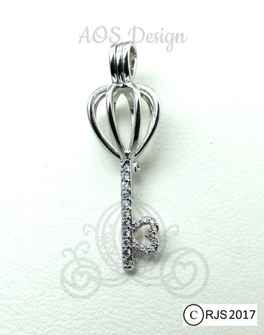Crystal Heart Key Pick A Pearl Cage Necklace Silver Plated Pendant Locket Charm Holds Pearls Beads