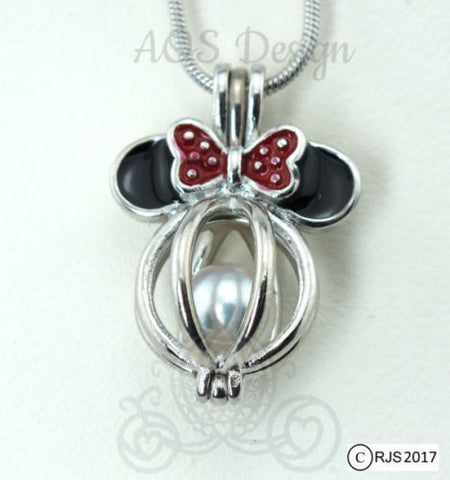 Mouse with Bow Pearl Cage Pick A Pearl or Wish Pearl Holder Akoya Pearl Locket Bowknot Pearl Cage Necklace