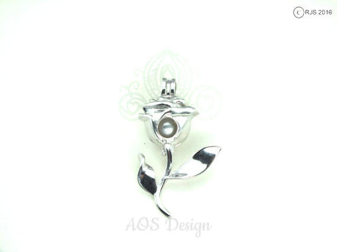 Rose Charm Pick Pearl Cage 925 Sterling Silver Necklace Pendant Beauty Beast Rose Flower