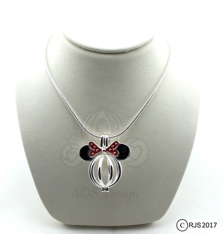 Mouse with Bow 925 Sterling Silver Mouse Head Pearl Cage Charm Necklace Pick A Pearl or Wish Pearl Epcot