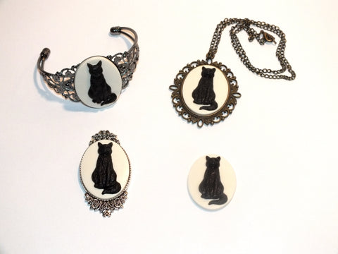 Black Cat Victorian Cameo Necklace Or Bracelet Or Brooch Halloween Jewelry