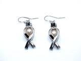 Silver Awareness Ribbons Earrings With White Pearls Charm Locket Horse Silver Jewelry AOS