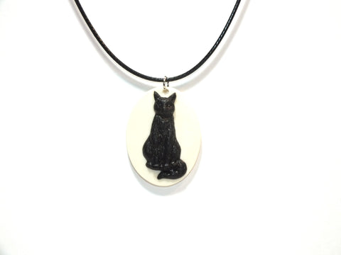 Black Cat Witch's Friend Victorian Cameo Black Cord Necklace Halloween Jewelry