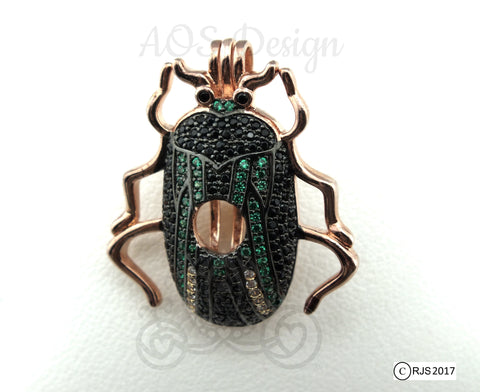 Scarab Beetle Pearl Cage Necklace Rose Gold Locket Charm Holds Beads Pearls Gems Crystal Accents Mummy