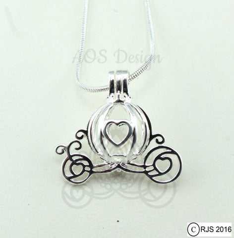Cinderella Carriage Pearl Cage Heart Silver Charm Necklace  Pick A Pearl or Wish Pearl Epcot Pumpkin Locket