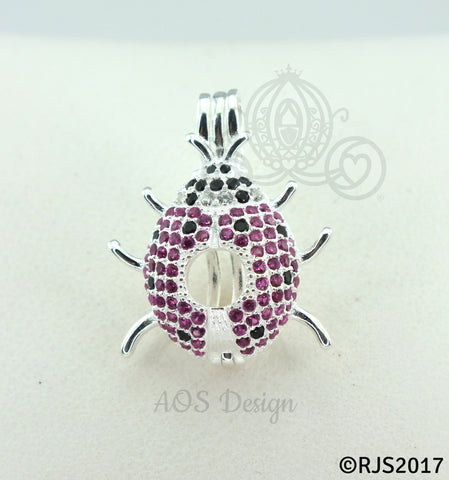 Ladybug Pearl Cage 925 Sterling Silver Locket Crystal Accents Silver Necklace Lady Bug Insect Animal
