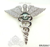 Nurse Caduceus Pearl Cage Silver Necklace Pendant Crystal Snakes Staff of Hermes Doctor Charm