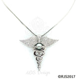 Nurse Caduceus Pearl Cage Silver Necklace Pendant Crystal Snakes Staff of Hermes Doctor Charm