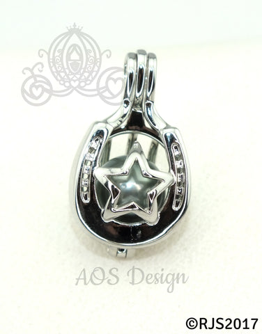 Horseshoe Star Pearl Cage Necklace Lucky Horse Shoe Western Silver Plated Locket Charm