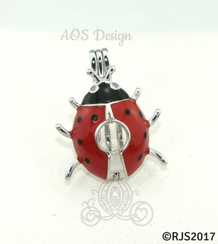 Ladybug Red Enamel Pearl Cage Necklace Silver Plated Locket Charm Bug Insect