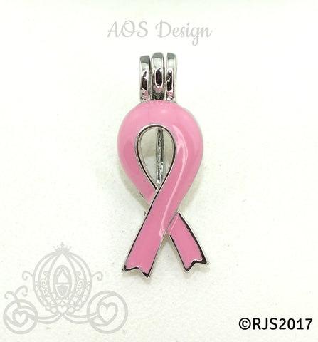 Pink Awareness Ribbon Pearl Cage Necklace Silver Plated Locket Charm Pink Enamel