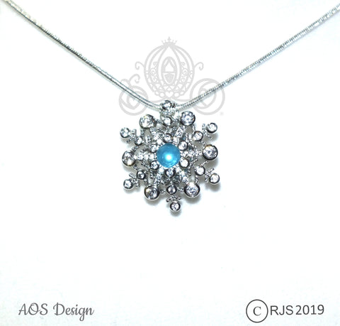 Pearl Cage Snowflake Crystals Silver Locket Frozen Holiday Snow Princess with AQUA PEARL