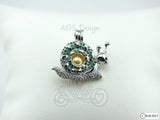 Snail Pearl Cage Green Crystal Accents Silver Plated Locket Charm Pearl Cage Necklace