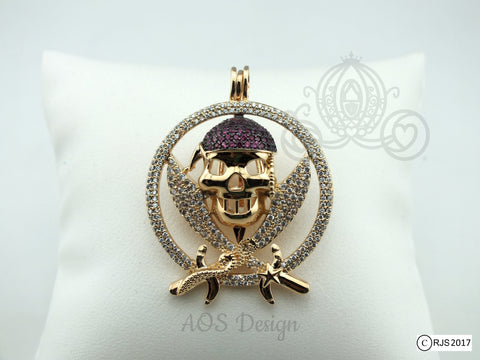 Jolly Roger Pirate Pearl Cage Charm Locket With Swarovski Element Crystals Gold Plated Pendant 14k Gold Chain or Black Cord LE