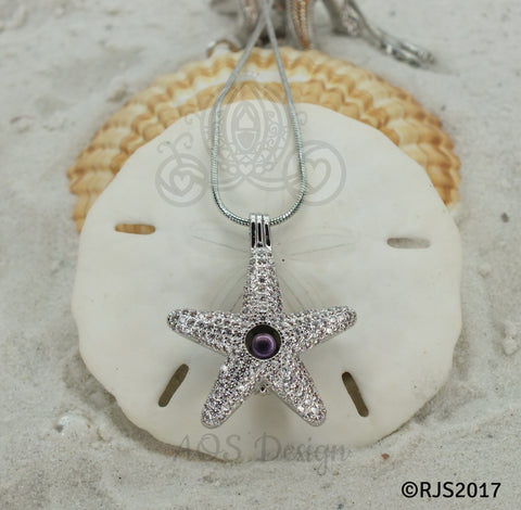 Starfish Pearl Cage Necklace Silver Plated Starfish with Crystals
