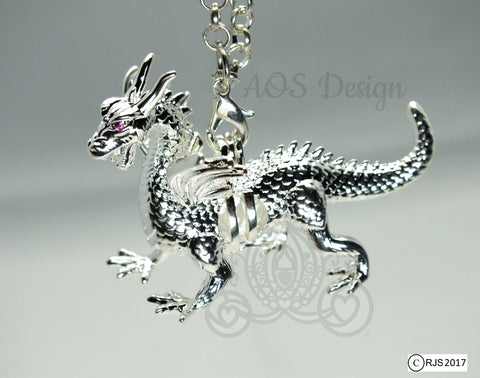 Silver Pearl Dragon Cage Pick Pearl Necklace Red Ruby Eyes Maleficent Charm Metal Pendant Locket LE