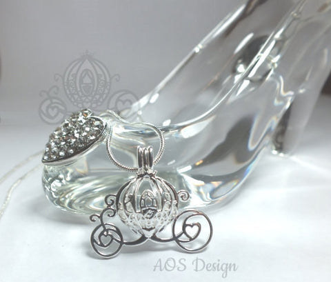 Cinderella Carriage Pearl Cage Silver Plated Charm Necklace Princess Pick A Pearl or Wish Pearl Epcot Pumpkin Locket