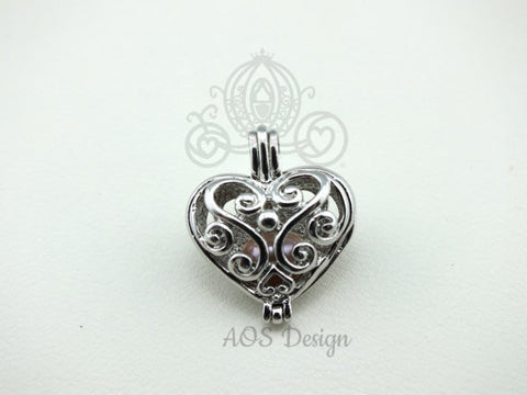 Scroll Work Heart Pearl Cage Silver Plated Fairy Scroll Work Heart Holds Multiple Pearls for Akoya and Freshwater Pearls or Beads