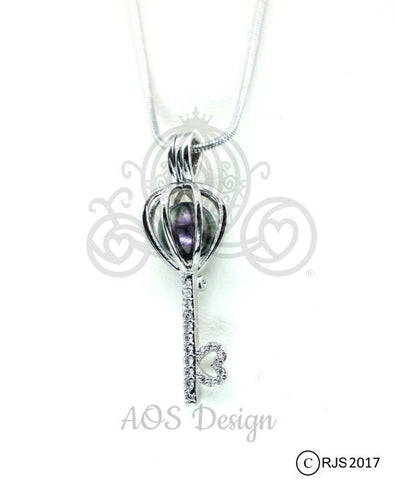 Crystal Heart Key Pick A Pearl Cage Necklace Silver Plated Pendant Locket Charm Holds Pearls Beads