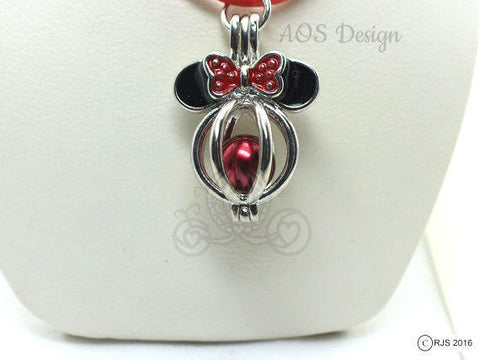 Mouse with Bow Pearl Cage on RED CORD Wish Pearl Holder Akoya Pearl Locket Bowknot Pearl Cage Necklace