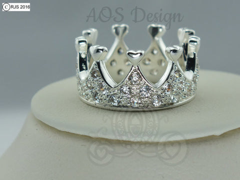 Princess Heart Crown Ring Sterling Silver Princess Queen Crystals 8