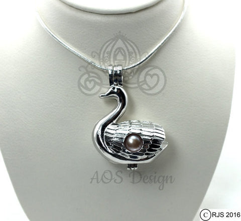 Swan Pick A Pearl Cage Silver Necklace Pendant Princess Swan Bird Holds 2 Pearls